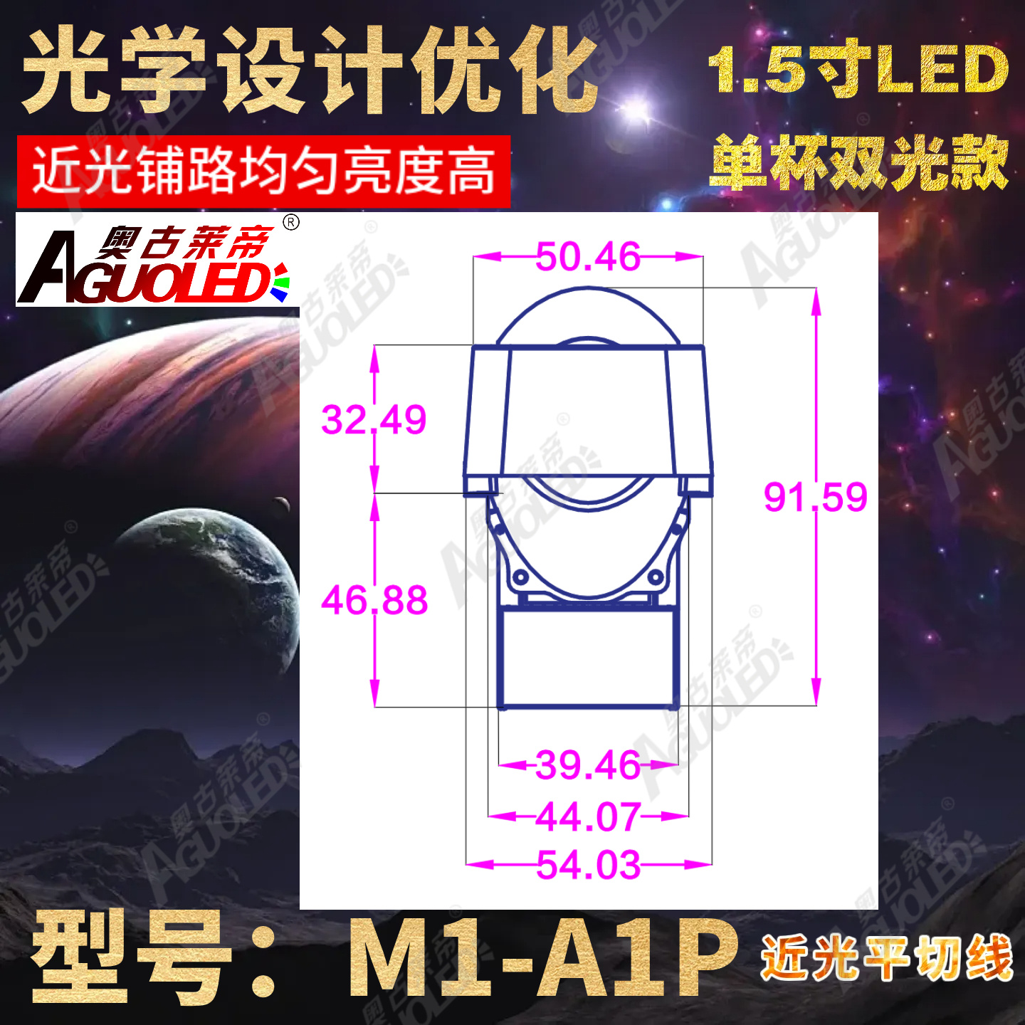 M1-A1P 1.5英寸单近光双光小模组LED透镜